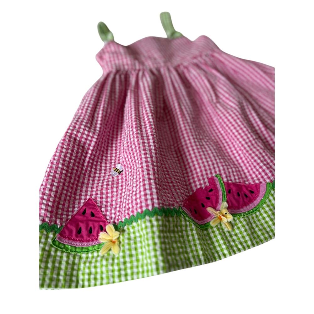 Vintage 90s Summer Dress Pink Green Gingham Watermelon Flower Bee Picnic Summer